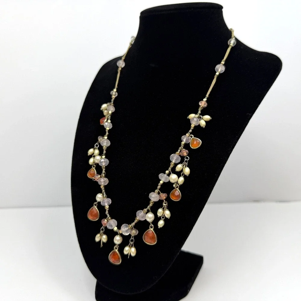 VTG Monet Faux Pearls Acrylic Beaded Necklace Dangle Gold Tone Accents Jewelry
